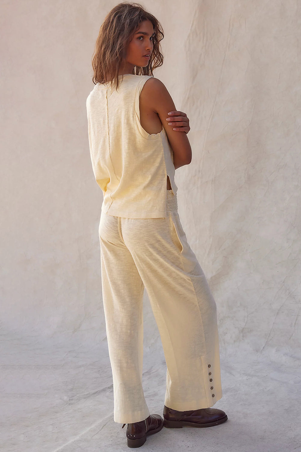 Beige Solid Color Tank Top and Smocked Waist Pants Set-Two Piece Sets/Pant Sets-[Adult]-[Female]-2022 Online Blue Zone Planet