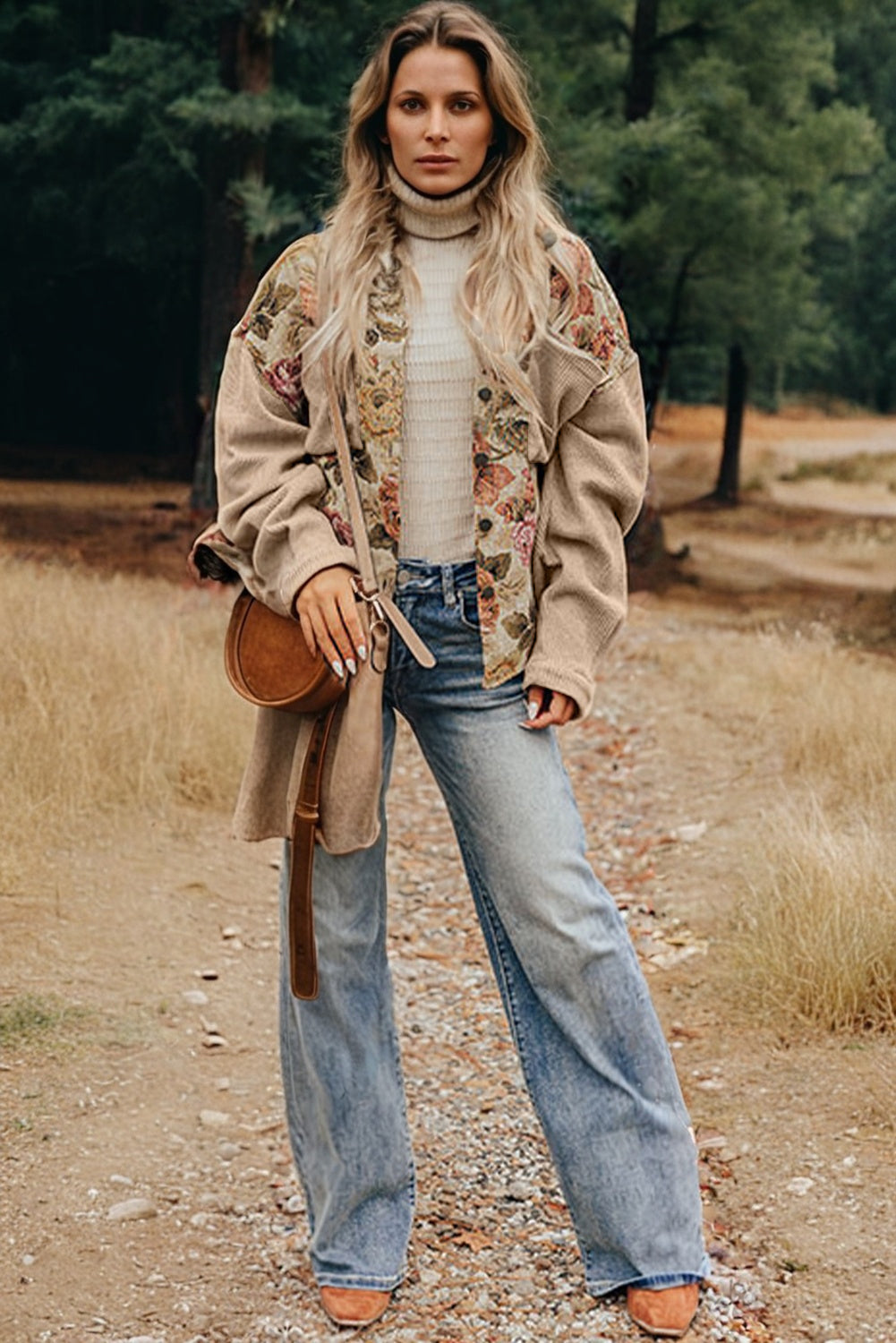 Khaki Floral Waffle Knit Patchwork Chest Pockets Buttoned Jacket-Outerwear/Jackets-[Adult]-[Female]-2022 Online Blue Zone Planet