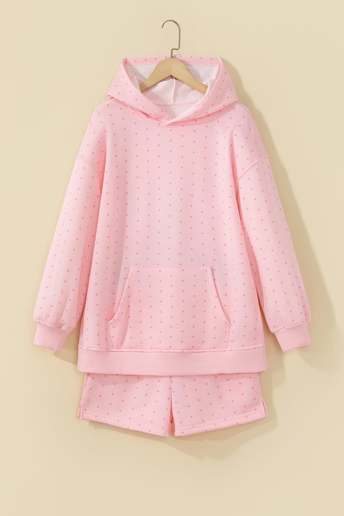 Pink Polka Dot Printed Oversized Hoodie Casual Shorts 2pcs Set-Tops / Dresses-[Adult]-[Female]-2022 Online Blue Zone Planet