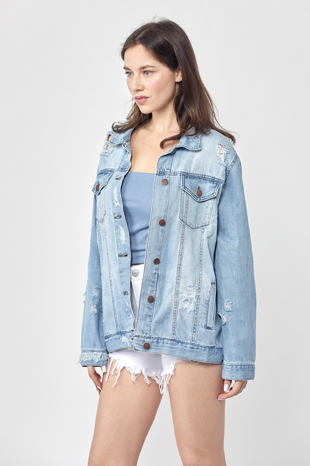RISEN Full Size Distressed Long Sleeve Denim Jacket-TOPS / DRESSES-[Adult]-[Female]-2022 Online Blue Zone Planet
