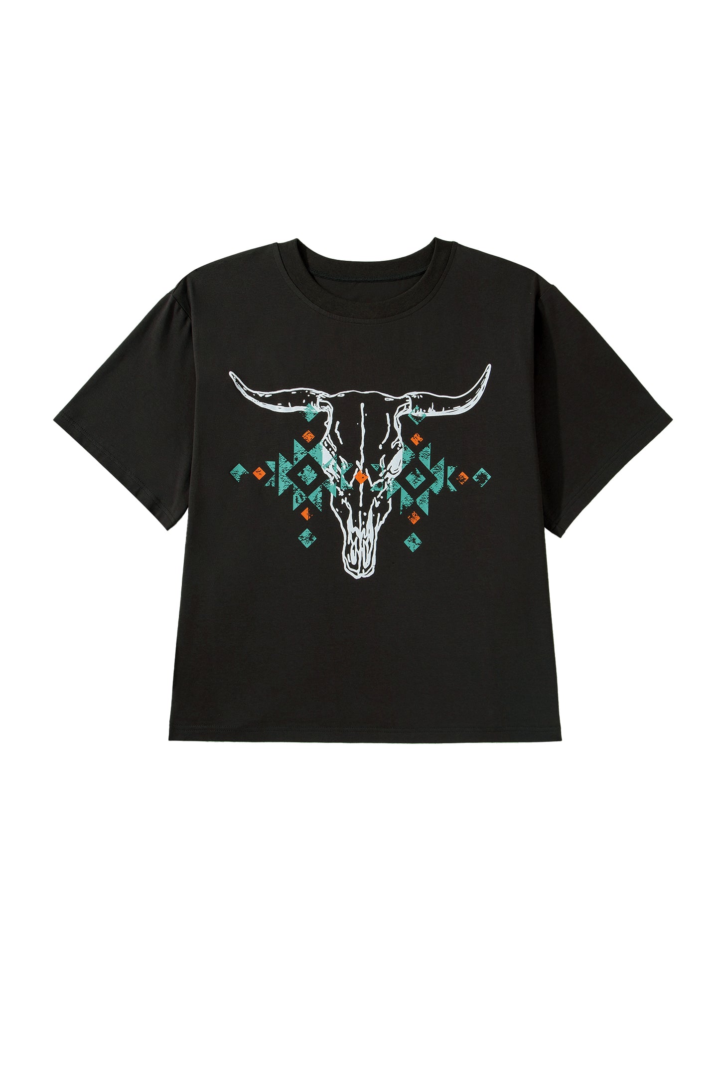 Carbon Grey Plus Size Western Aztec Bull Skull Printed T Shirt-Plus Size/Plus Size Tops/Plus Size Tops & Tees-[Adult]-[Female]-2022 Online Blue Zone Planet