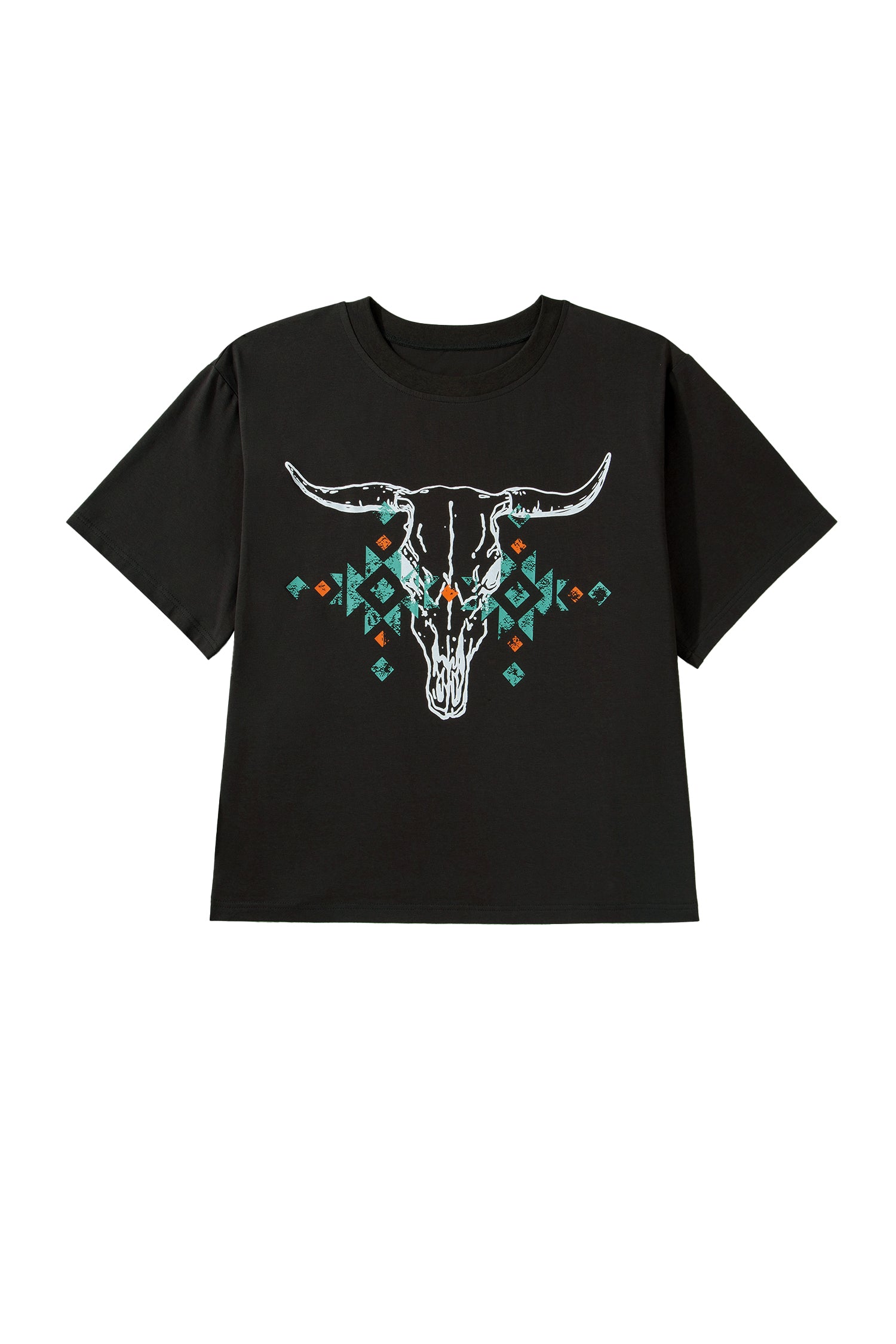 Carbon Grey Plus Size Western Aztec Bull Skull Printed T Shirt-Plus Size/Plus Size Tops/Plus Size Tops & Tees-[Adult]-[Female]-2022 Online Blue Zone Planet