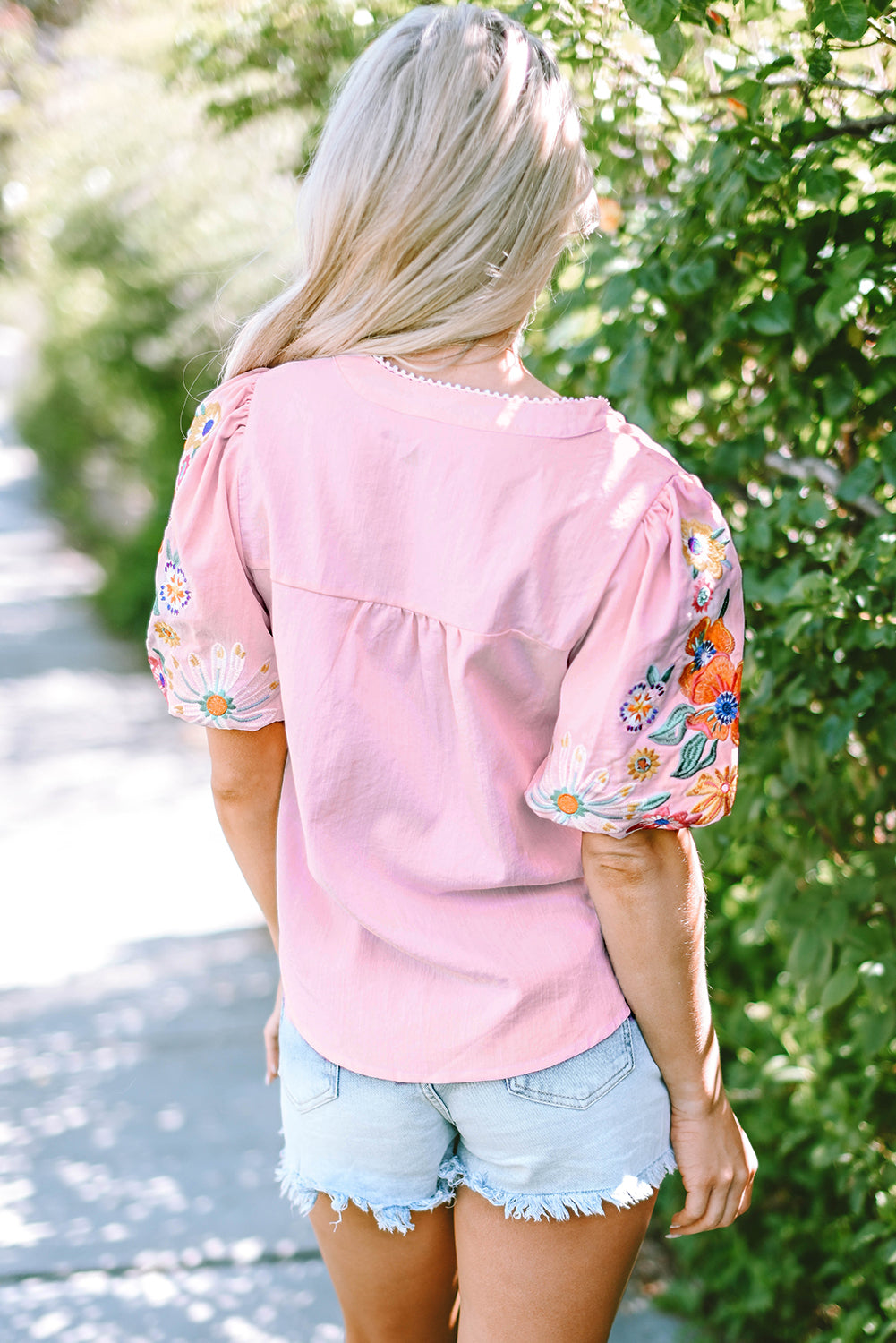 Clearly Aqua Floral Embroidered Puff Sleeve Split Neck Blouse-Tops/Blouses & Shirts-[Adult]-[Female]-2022 Online Blue Zone Planet