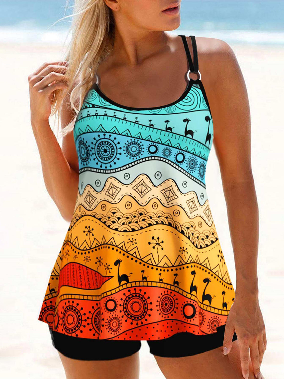 Blue Zone Planet | Printed Round Neck Two-Piece Swim Set-TOPS / DRESSES-[Adult]-[Female]-Multicolor-S-2022 Online Blue Zone Planet