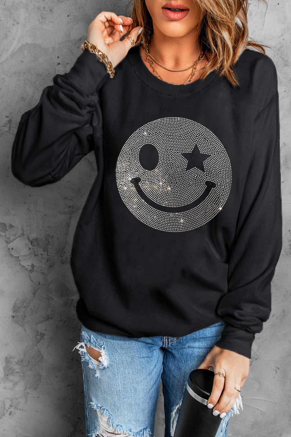 Blue Zone Planet | Rhinestone Smile Long Sleeve Sweatshirt-TOPS / DRESSES-[Adult]-[Female]-2022 Online Blue Zone Planet