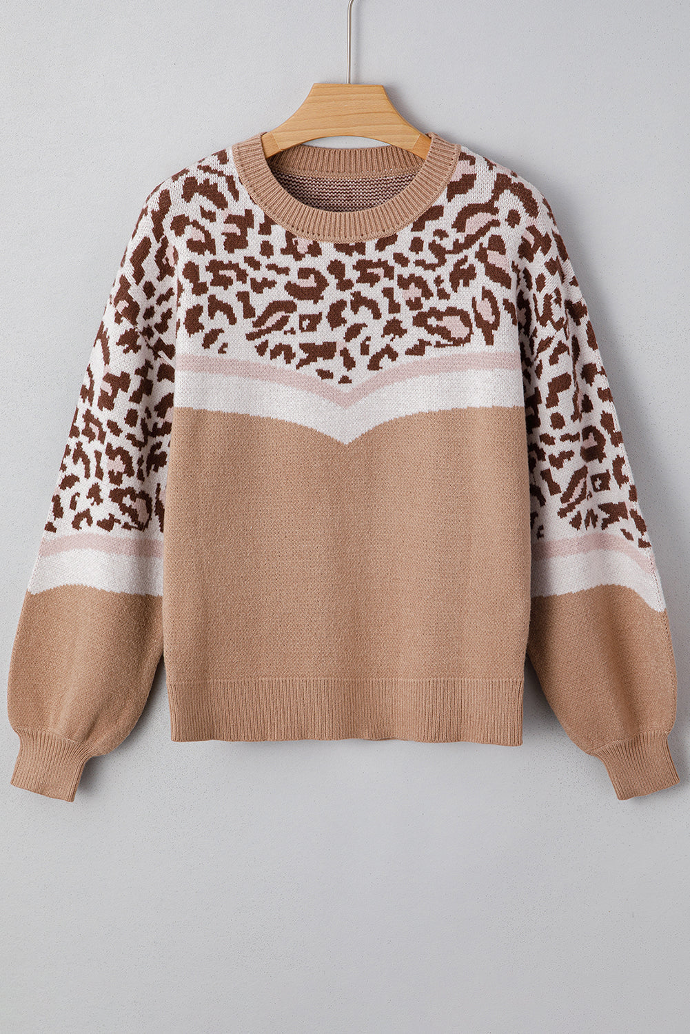 Straw Yellow Leopard Color Block Knit Round Neck Baggy Sweater-TOPS / DRESSES-[Adult]-[Female]-2022 Online Blue Zone Planet
