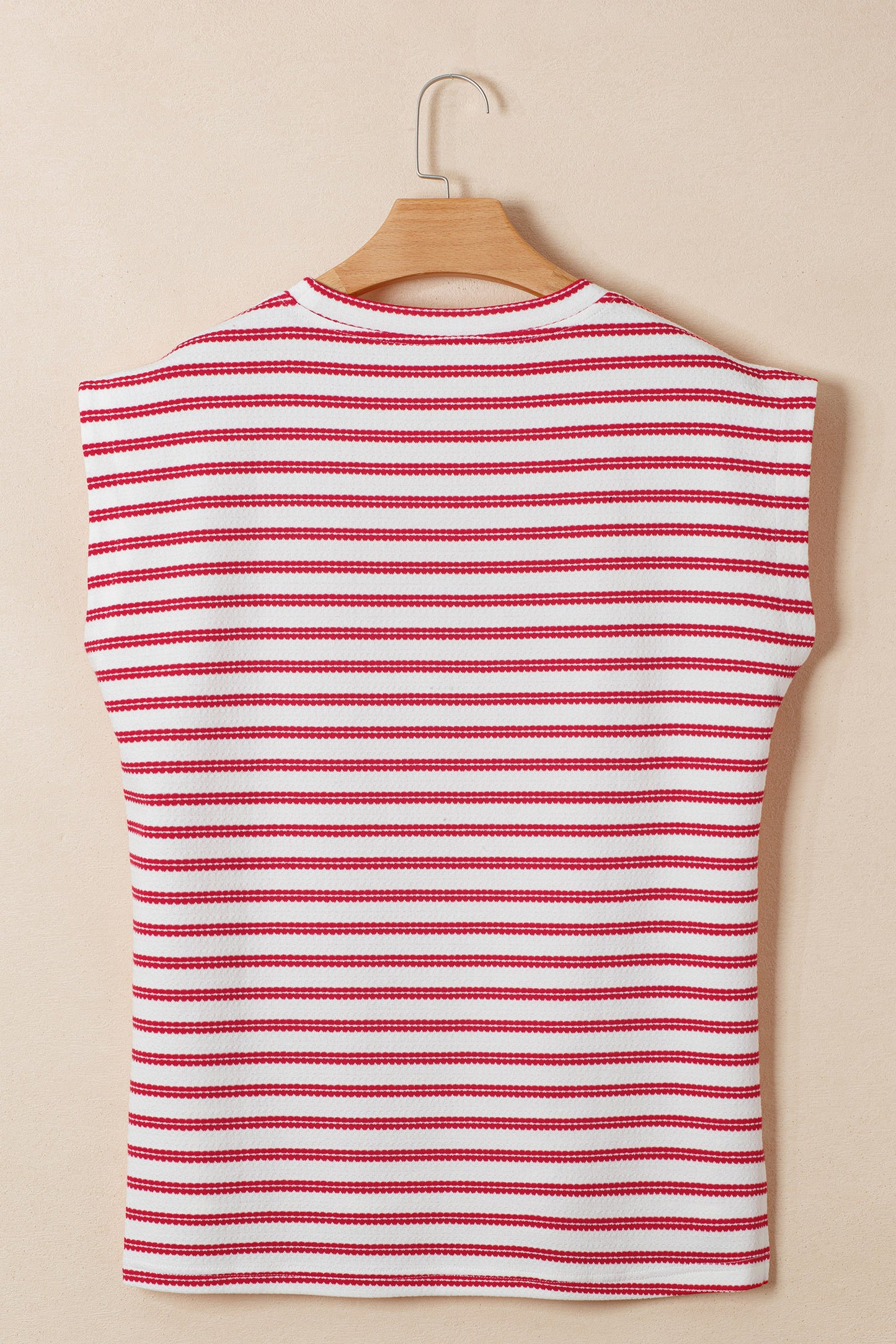 Red Stripe Textured Knit Button Detail Short Sleeve Casual Tee-Tops/Tops & Tees-[Adult]-[Female]-2022 Online Blue Zone Planet