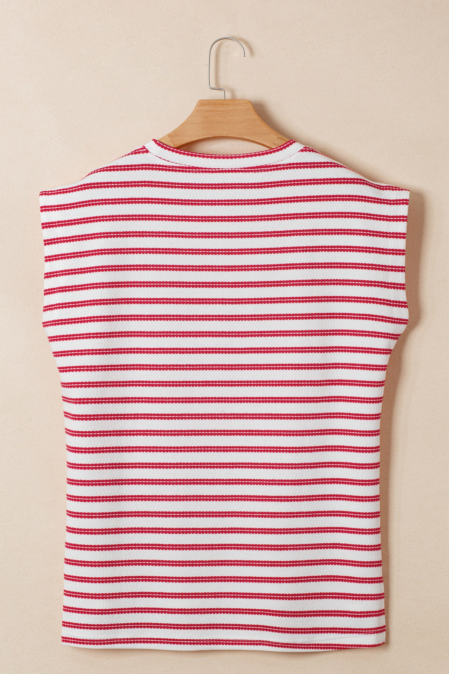 Red Stripe Textured Knit Button Detail Short Sleeve Casual Tee-Tops/Tops & Tees-[Adult]-[Female]-2022 Online Blue Zone Planet