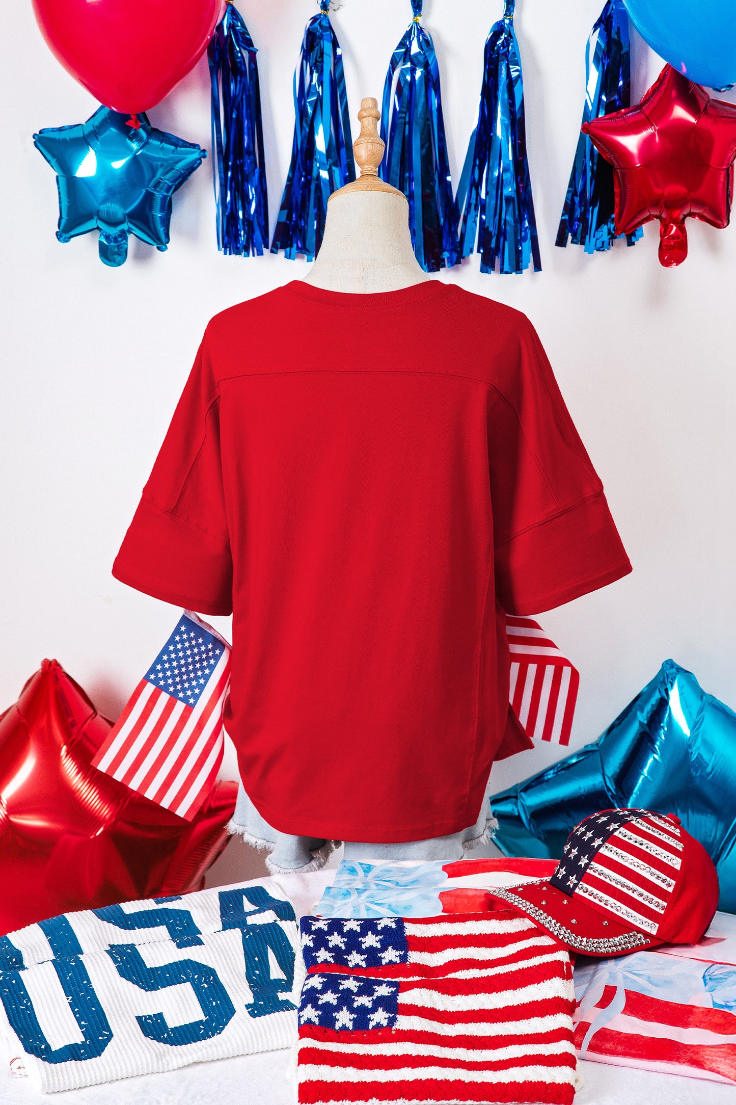 Fiery Red Patriotic Usa Slogan Patch Embroidery Short Sleeve T Shirt-Tops/Tops & Tees-[Adult]-[Female]-2022 Online Blue Zone Planet