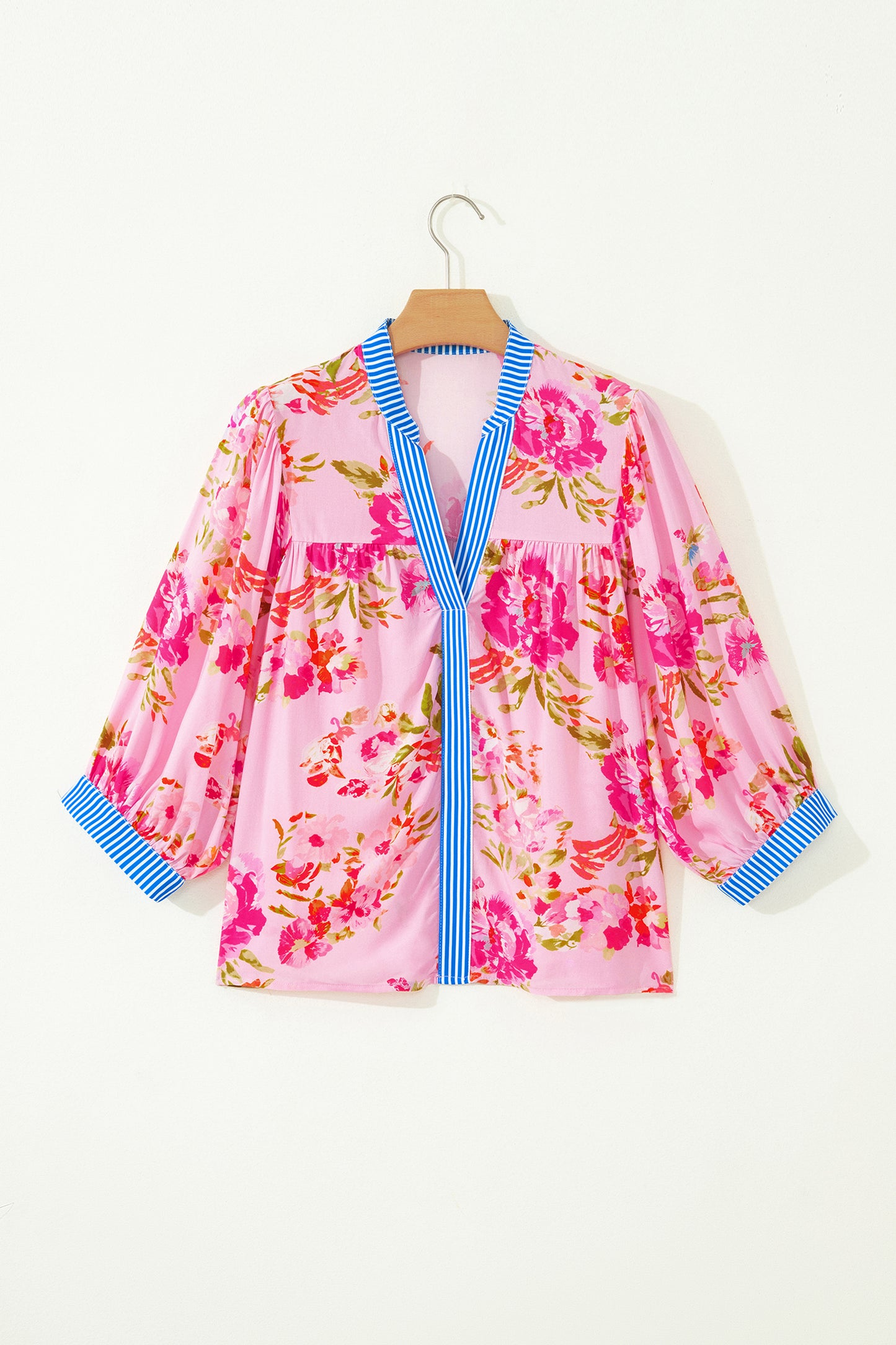 Multicolour Floral Half Sleeve Striped Trim V Neck Blouse-Tops/Blouses & Shirts-[Adult]-[Female]-2022 Online Blue Zone Planet