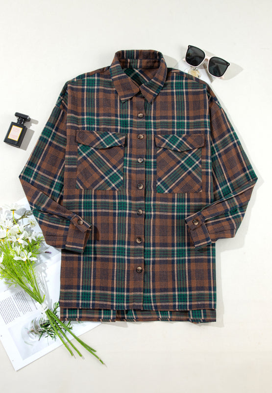 Blue Zone Planet | Plaid Collared Neck Button Up Jacket-TOPS / DRESSES-[Adult]-[Female]-2022 Online Blue Zone Planet