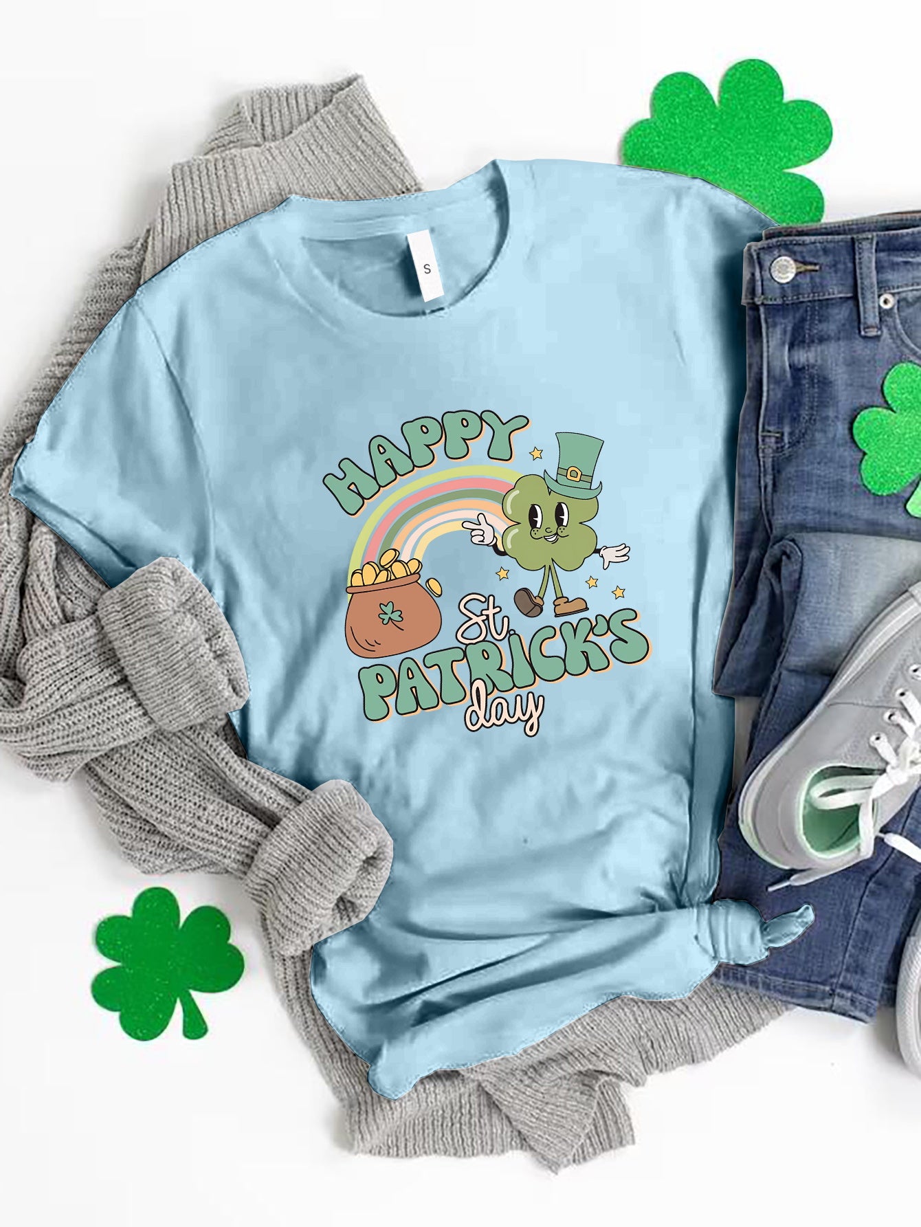 HAPPY ST PATRICK'S DAY Round Neck T-Shirt-TOPS / DRESSES-[Adult]-[Female]-Light Blue-S-2022 Online Blue Zone Planet