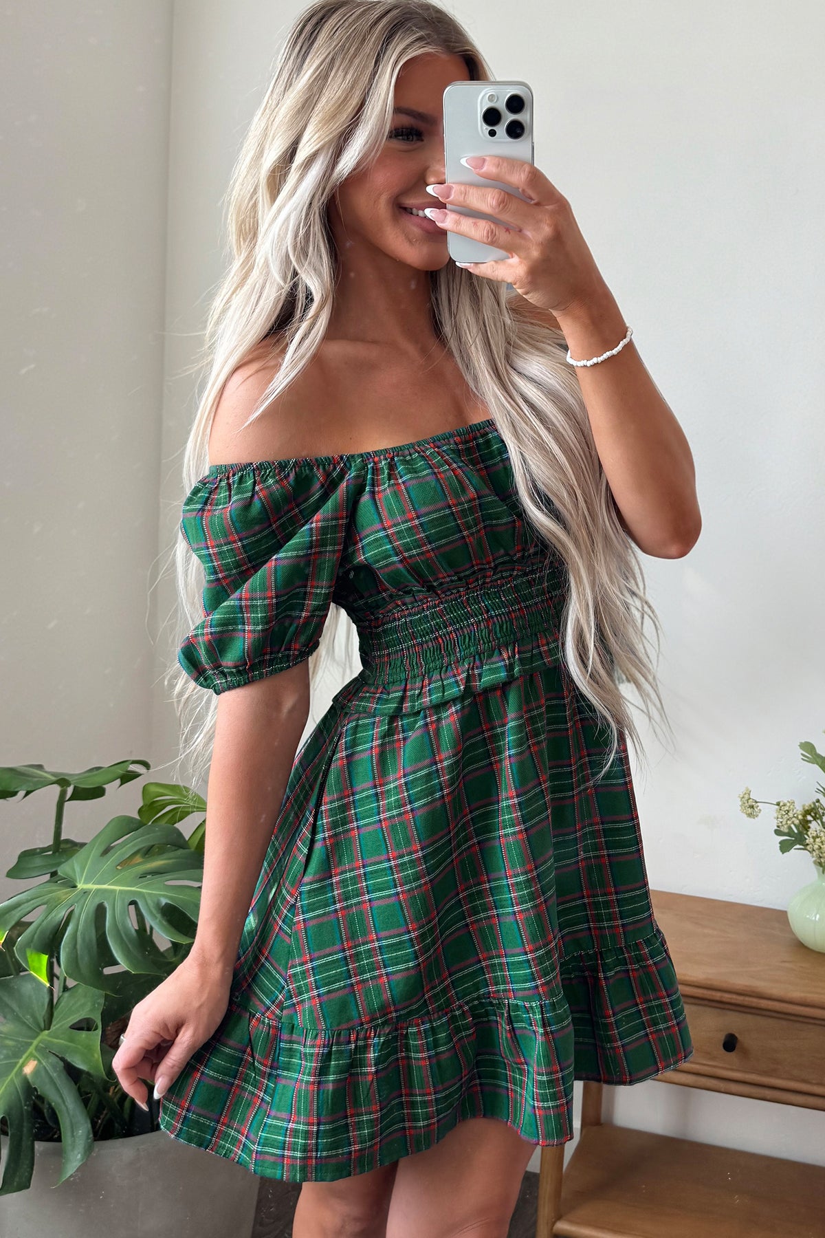 Green Plaid Shirred U Neck Short Sleeve Mini Dress-TOPS / DRESSES-[Adult]-[Female]-2022 Online Blue Zone Planet
