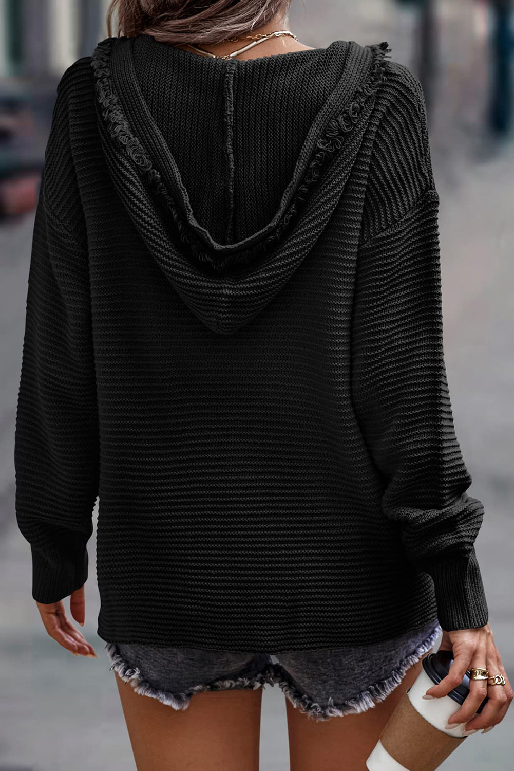 Black V Neck Ribbed Drop Shoulder Hooded Sweater-Tops / Dresses-[Adult]-[Female]-2022 Online Blue Zone Planet