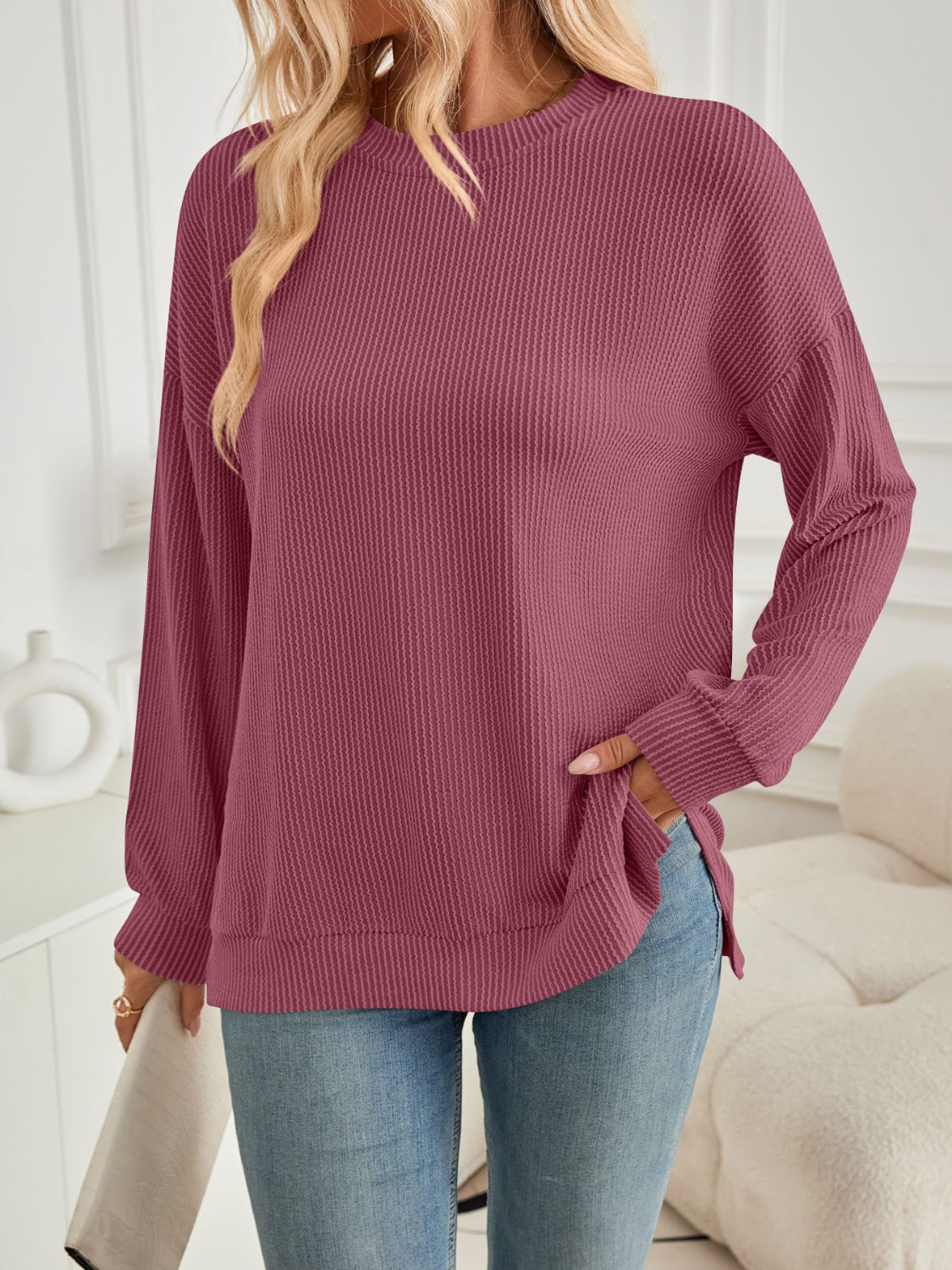 Blue Zone Planet | Lovelet Slit Round Neck Long Sleeve Sweatshirt-TOPS / DRESSES-[Adult]-[Female]-Deep Rose-S-2022 Online Blue Zone Planet