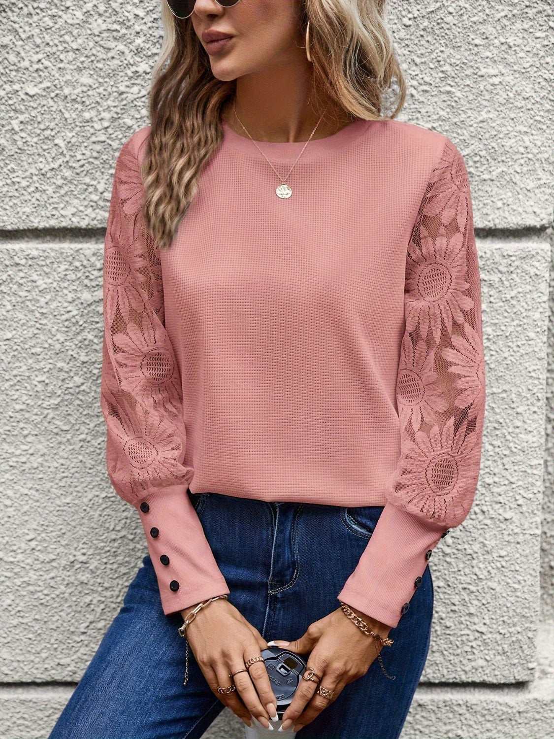 Round Neck Lace Long Sleeve Top-TOPS / DRESSES-[Adult]-[Female]-Watermelon pink-S-2022 Online Blue Zone Planet