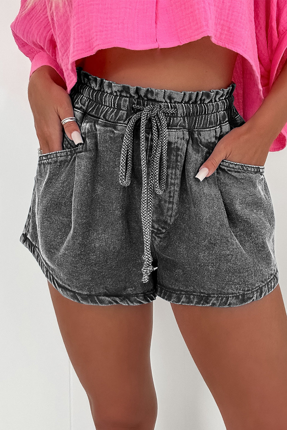 High-rise Drawstring High Waist Casual Denim Shorts with Pockets-Bottoms/Denim Shorts-[Adult]-[Female]-2022 Online Blue Zone Planet