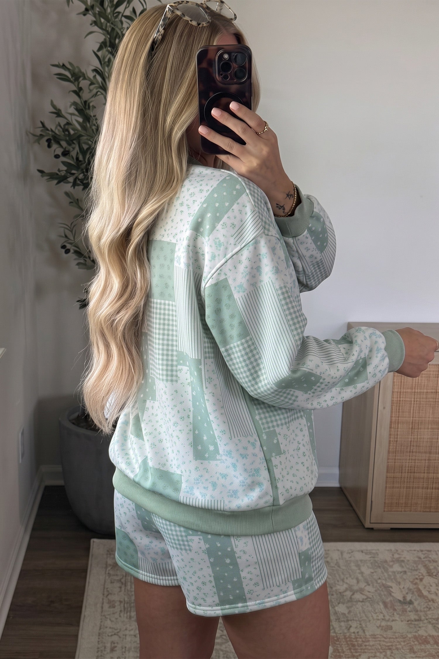 Green Patchwork Floral Print Drop Shoulder Baggy Pullover Drawstring Shorts Set-Two Piece Sets/Short Sets-[Adult]-[Female]-2022 Online Blue Zone Planet