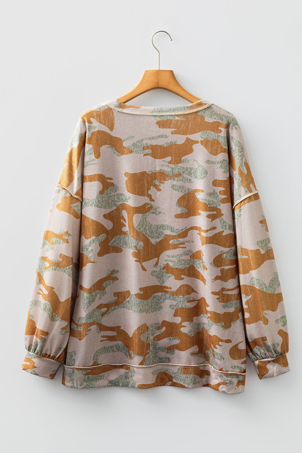Brown Retro Camouflage Print Exposed Seam Patchwork Drop Shoulder Sweatshirt-Tops/Sweatshirts & Hoodies-[Adult]-[Female]-2022 Online Blue Zone Planet