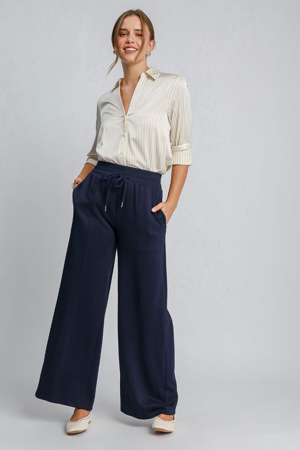 Umgee Drawstring Wide Leg Pants with Pockets-BOTTOMS SIZES SMALL MEDIUM LARGE-[Adult]-[Female]-Midnight-S-2022 Online Blue Zone Planet