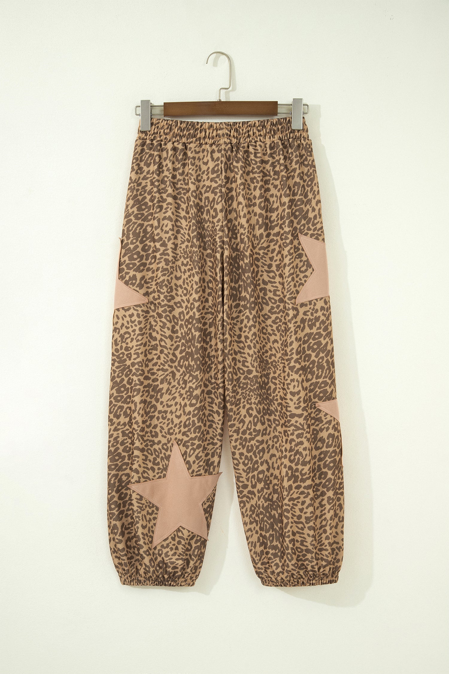 Khaki Leopard Print Star Patched Drawstring Elastic Waist Jogger Pants-Bottoms/Pants & Culotte-[Adult]-[Female]-2022 Online Blue Zone Planet