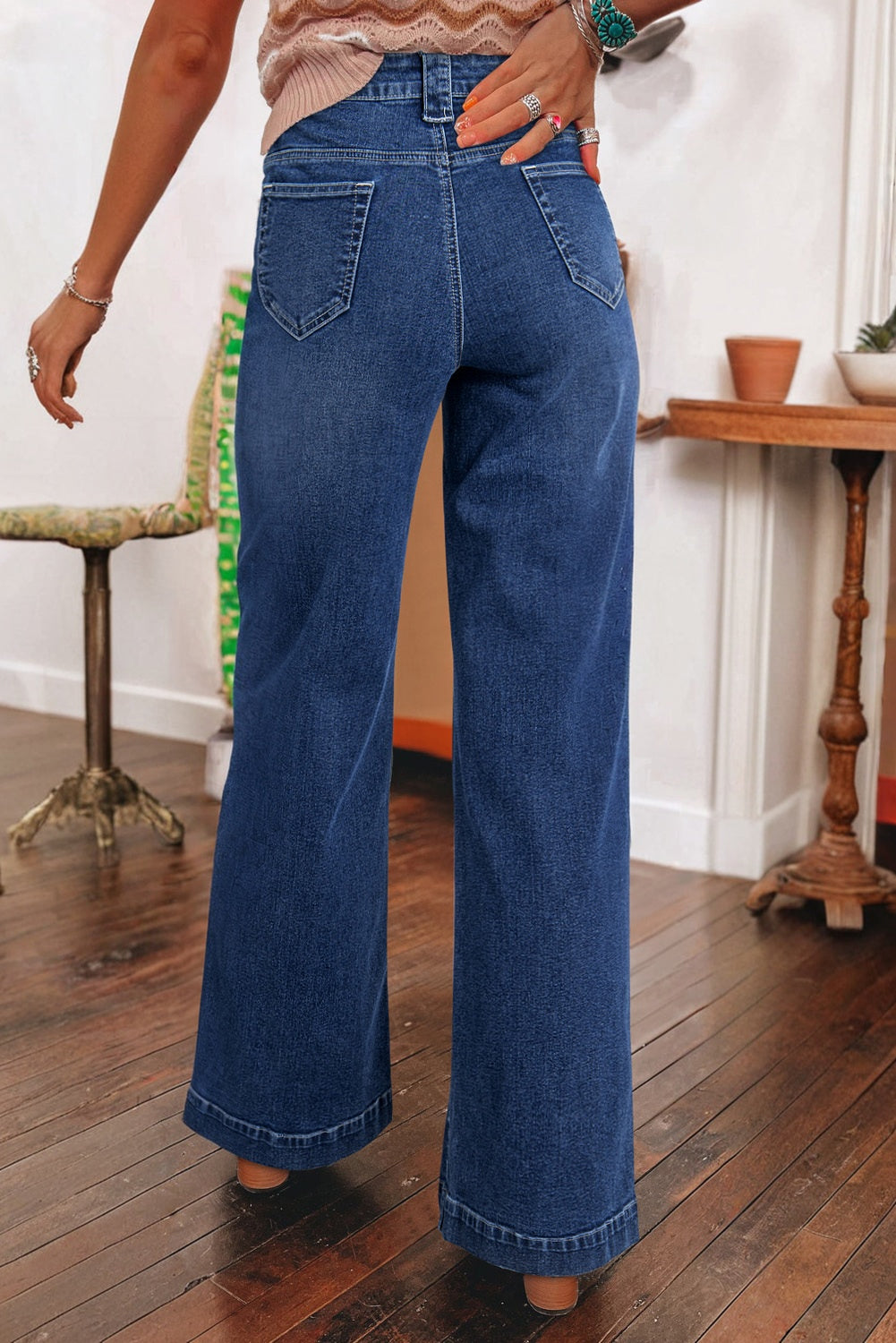 Blue Zone Planet | Sail Blue Wide Leg Pocketed High Waist Jeans-Bottoms/Jeans-[Adult]-[Female]-2022 Online Blue Zone Planet