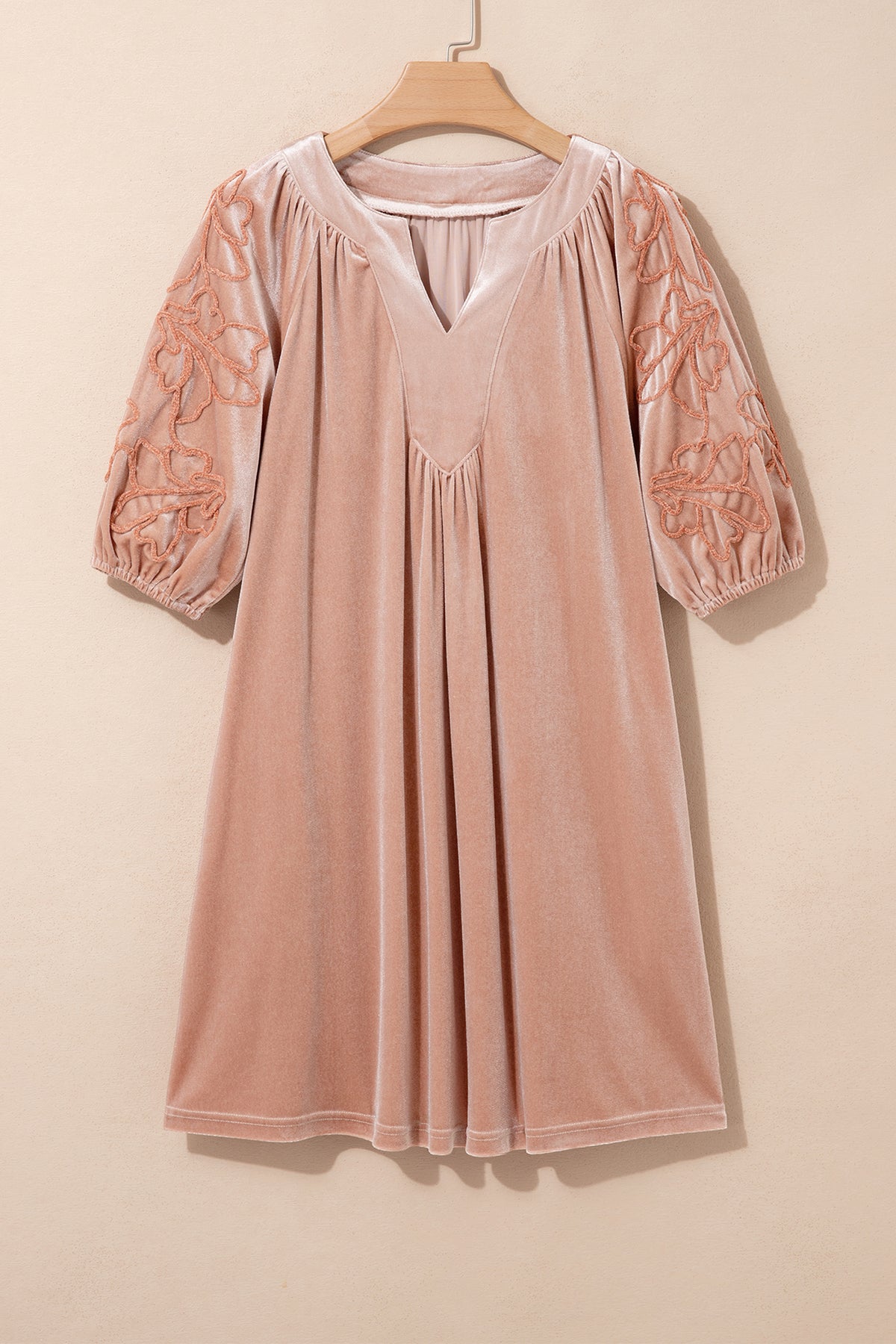 Light French Beige Embroidered Sleeve Velvet Mini Shift Dress-TOPS / DRESSES-[Adult]-[Female]-2022 Online Blue Zone Planet
