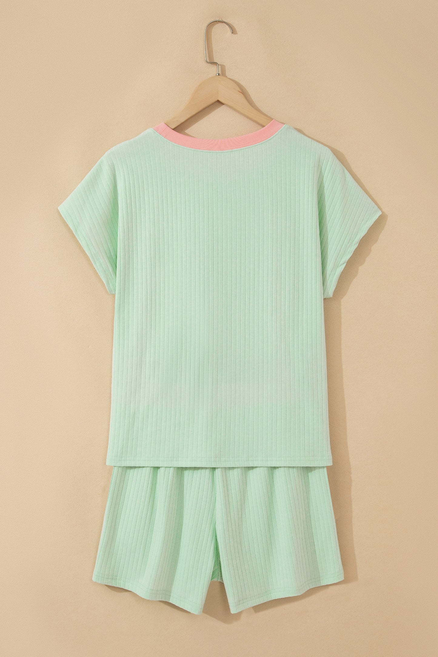 Mist Blue Soft Ribbed Color Block Trim Casual Short Set-Two Piece Sets/Short Sets-[Adult]-[Female]-2022 Online Blue Zone Planet