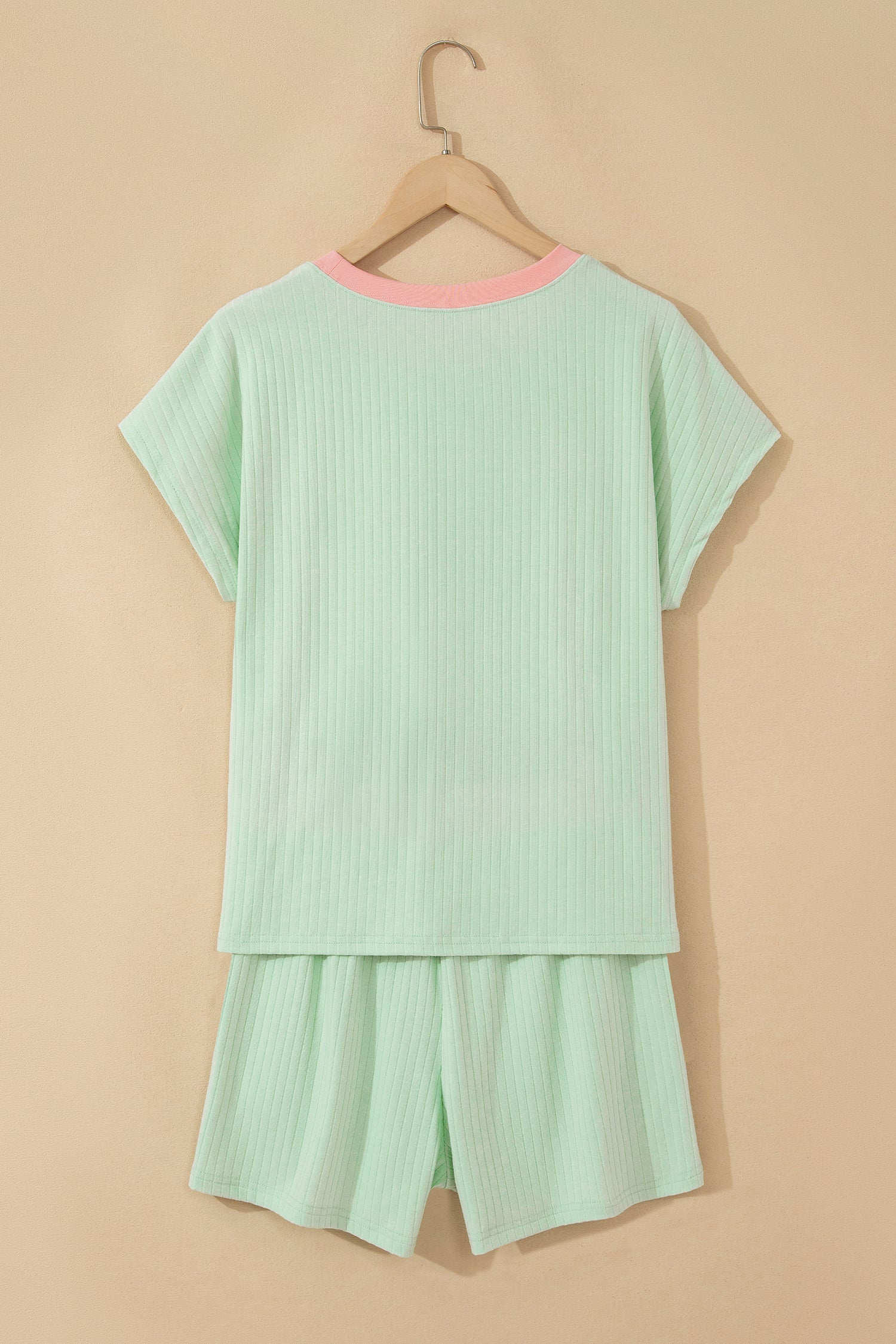 Mist Blue Soft Ribbed Color Block Trim Casual Short Set-Two Piece Sets/Short Sets-[Adult]-[Female]-2022 Online Blue Zone Planet