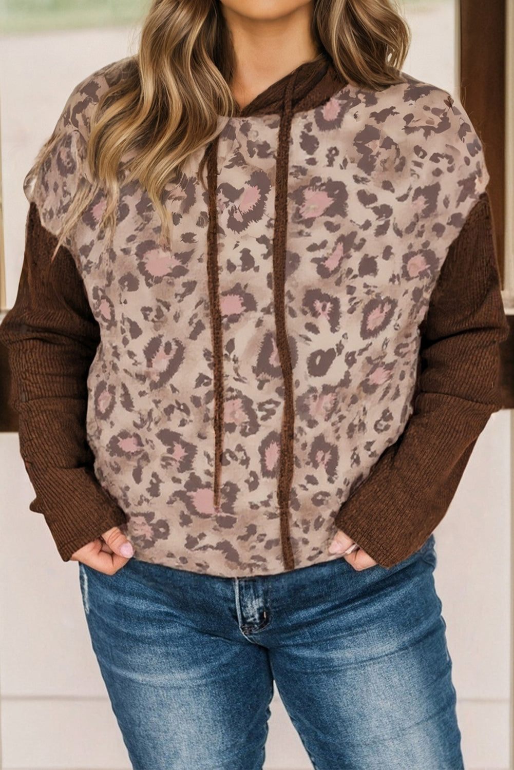 Brown Leopard Print Knit Patchwork Plus Hoodie-Tops / Dresses-[Adult]-[Female]-2022 Online Blue Zone Planet