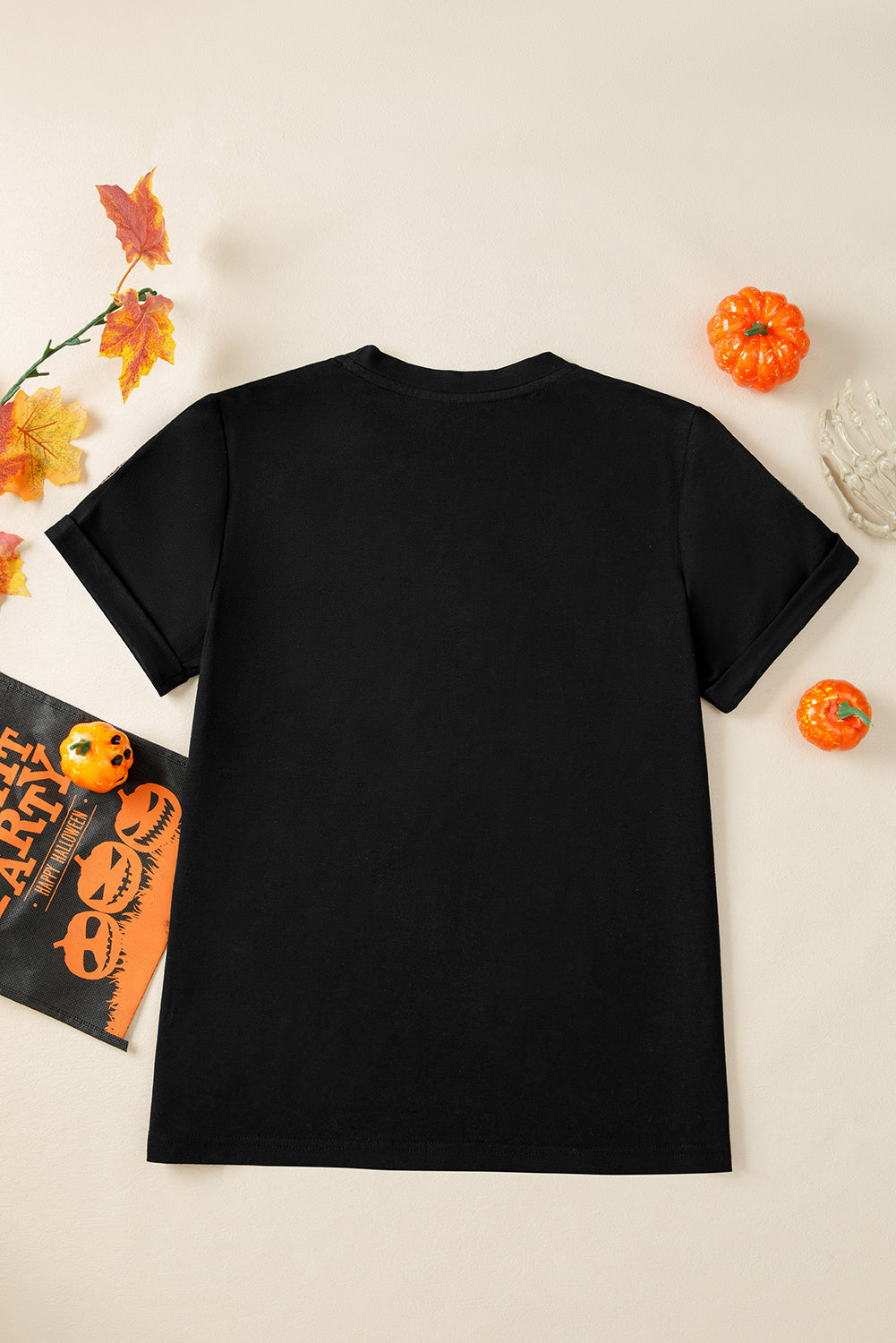 Black Sequin Pumpkin Face Halloween T Shirt-Graphic/Graphic Tees-[Adult]-[Female]-2022 Online Blue Zone Planet