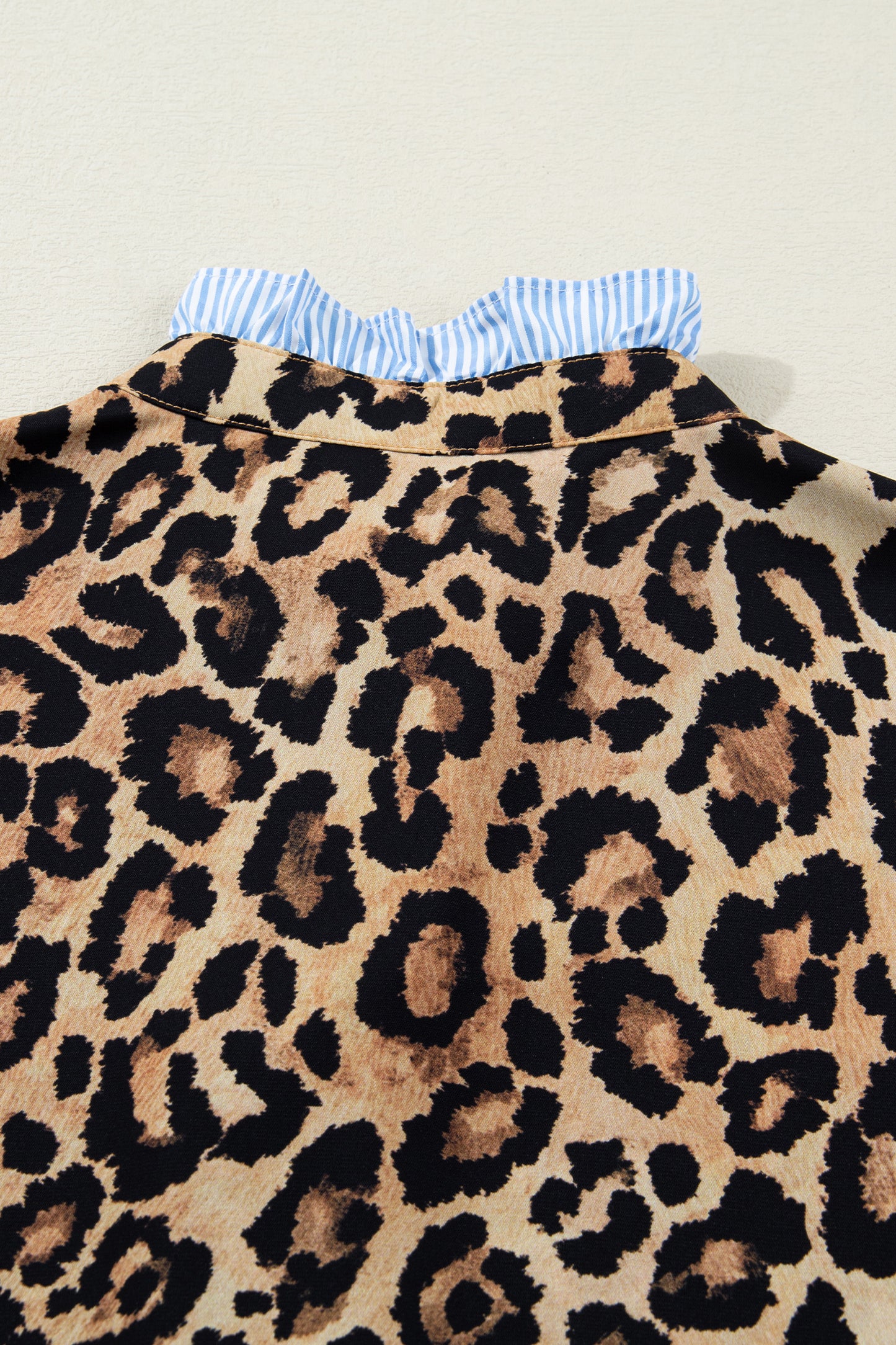 Brown Wild Leopard Print Contrast Striped Frilled Trim Chic Shirt-Tops/Blouses & Shirts-[Adult]-[Female]-2022 Online Blue Zone Planet