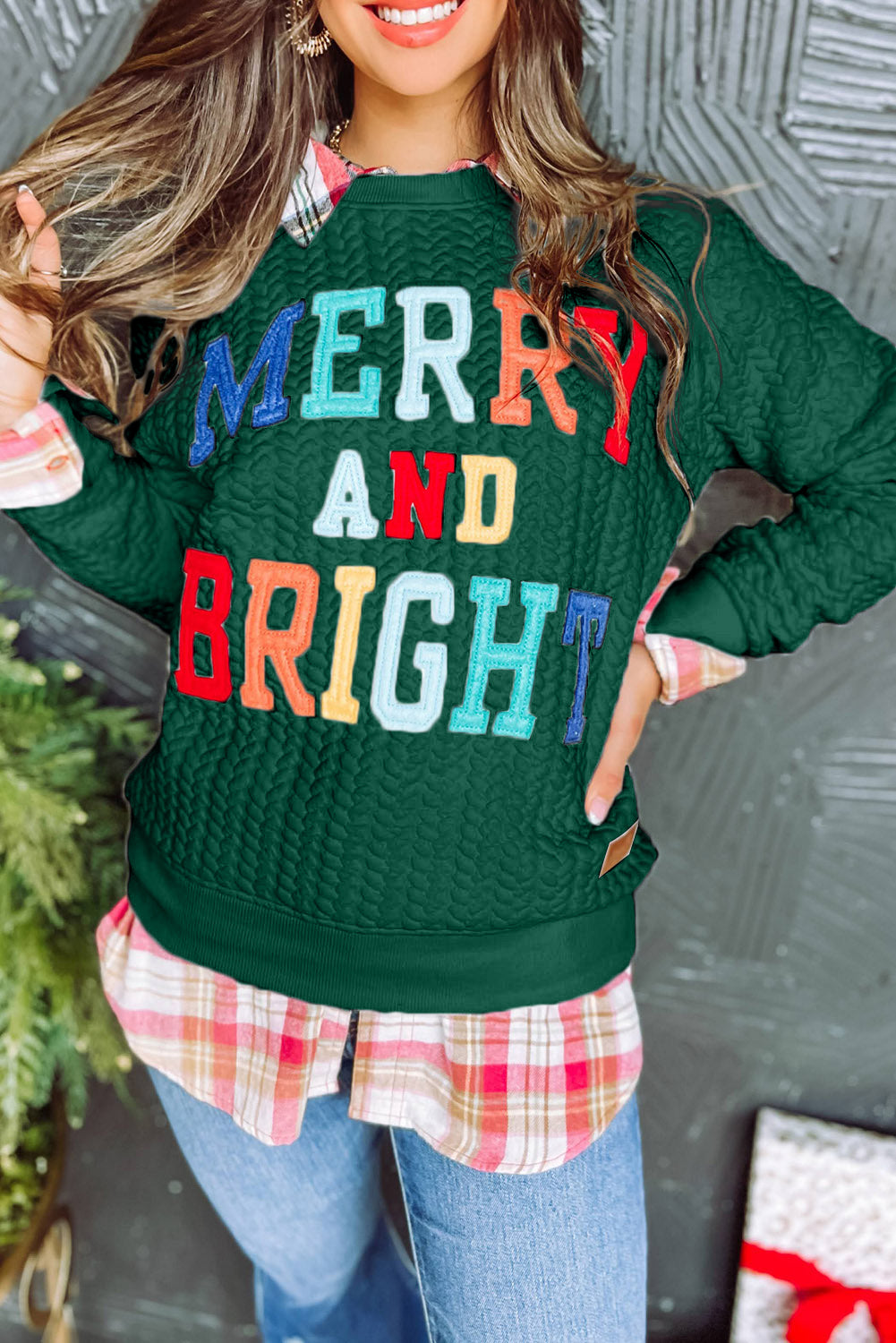 Blackish Green Merry And Bright Cable Knit Pullover Sweatshirt-Tops/Sweatshirts & Hoodies-[Adult]-[Female]-Blackish Green-S-2022 Online Blue Zone Planet