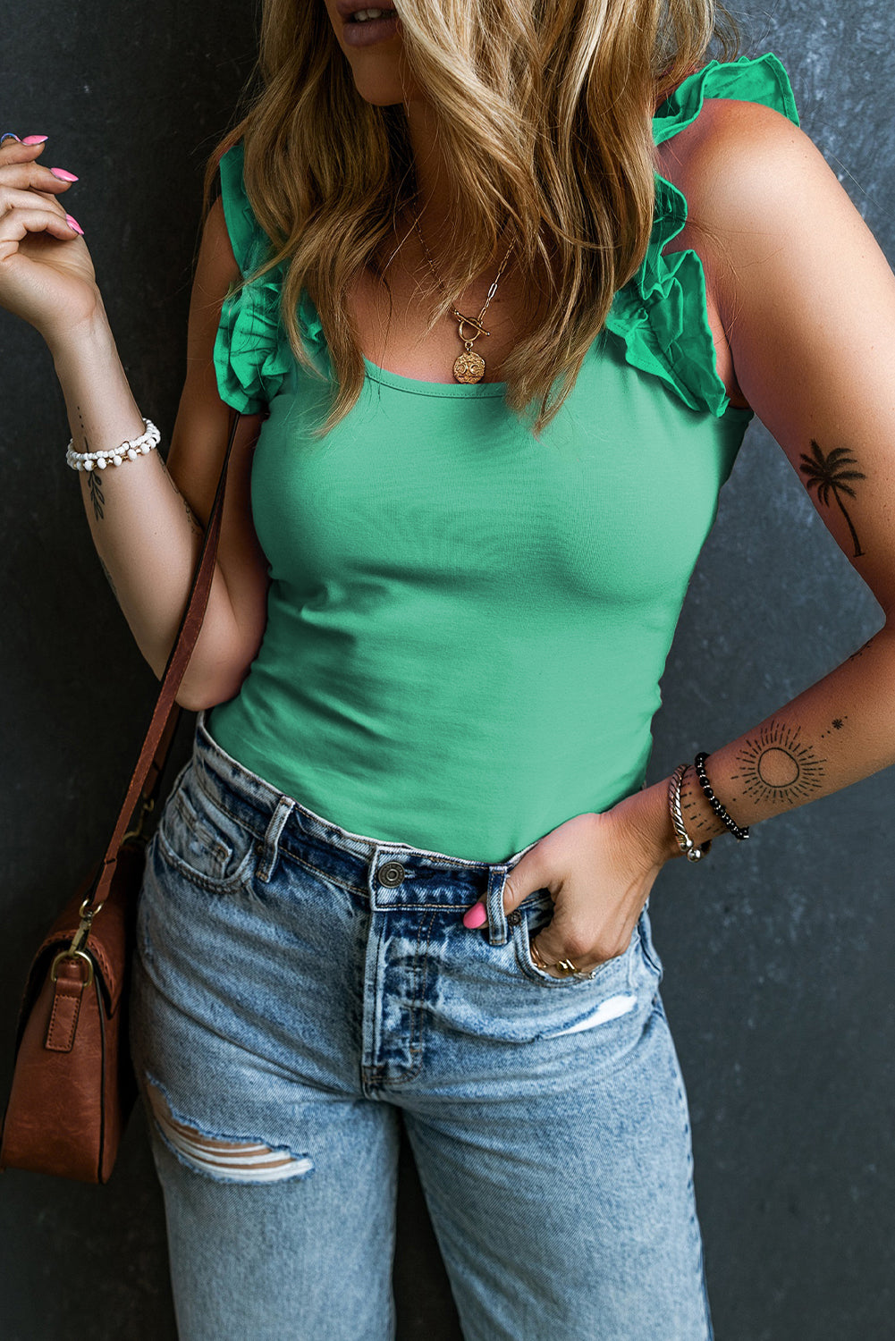 Mint Green Ruffled Wide Straps Slim Tank Top-Tops/Tank Tops-[Adult]-[Female]-2022 Online Blue Zone Planet