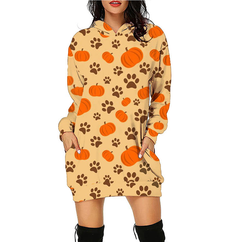 Blue Zone Planet | Women Halloween Pumpkin Print Hoodie Dress-TOPS / DRESSES-[Adult]-[Female]-Pattern4-S-2022 Online Blue Zone Planet