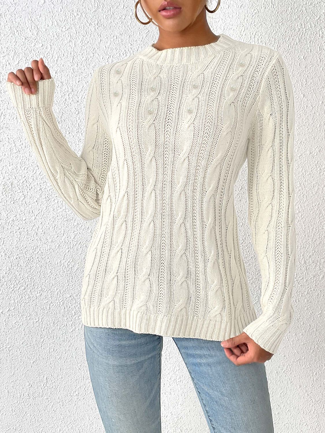 Blue Zone Planet | Cable-Knit Round Neck Long Sleeve Sweater-TOPS / DRESSES-[Adult]-[Female]-2022 Online Blue Zone Planet