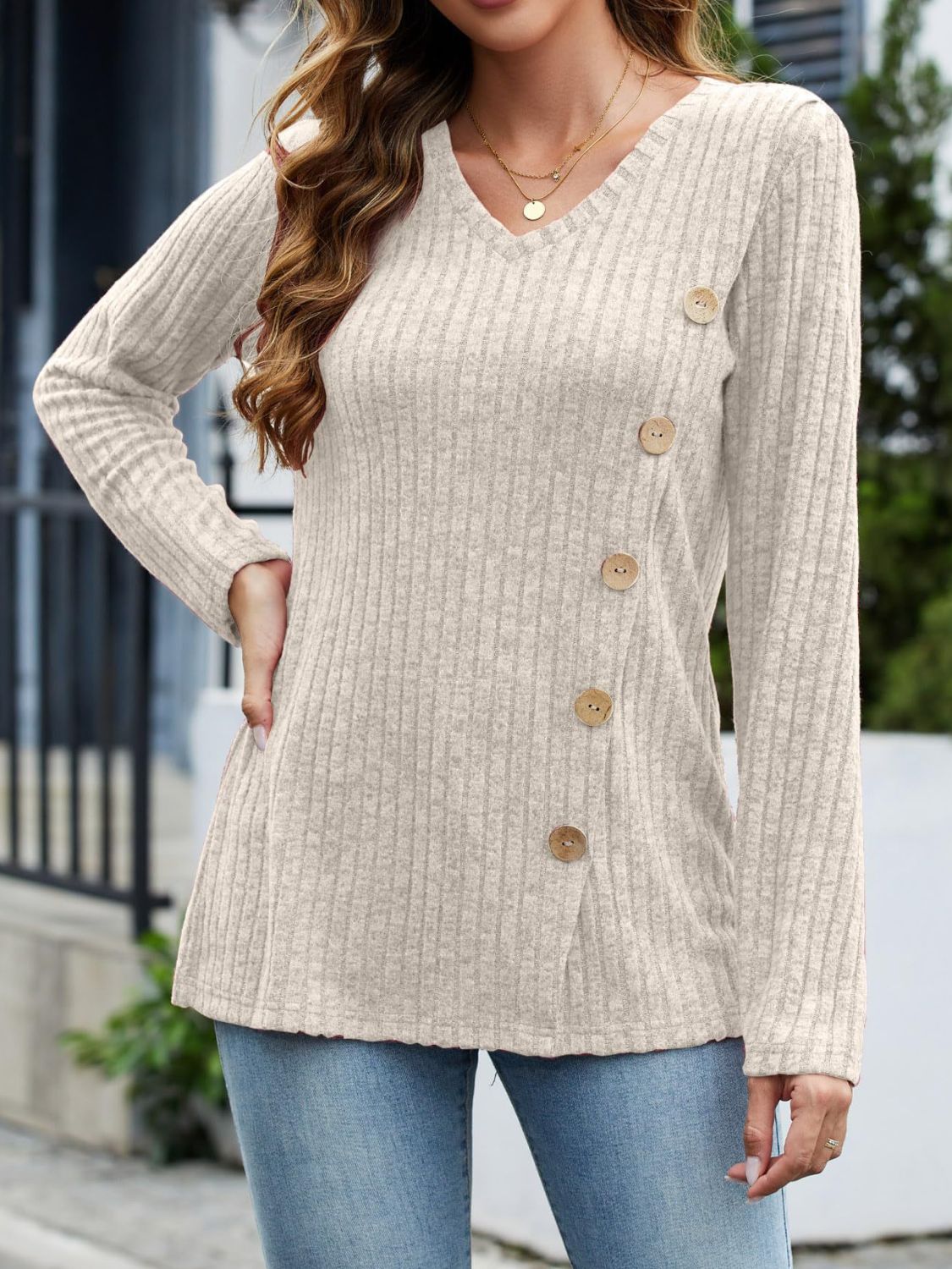 V-Neck Long Sleeve T-Shirt-TOPS / DRESSES-[Adult]-[Female]-Beige-S-2022 Online Blue Zone Planet