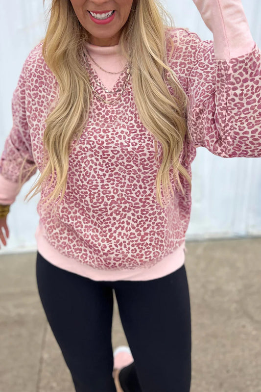 Pink Leopard Print Patchwork Crew Neck Sweatshirt-Tops/Sweatshirts & Hoodies-[Adult]-[Female]-Pink-S-2022 Online Blue Zone Planet