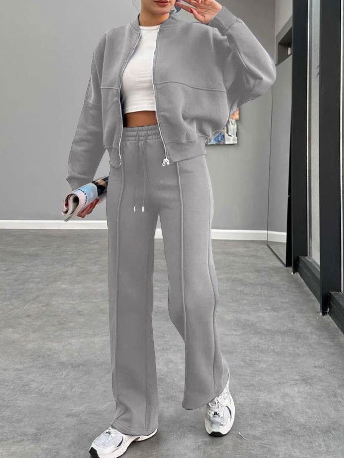 Baseball Collar Zip Up Outerwear and Drawstring Pants Set-TOPS / DRESSES-[Adult]-[Female]-Gray-S-2022 Online Blue Zone Planet