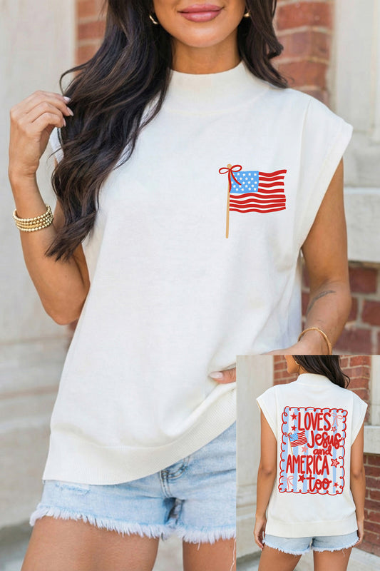 White Patriotic Flag Double Printed Mock Neck Tee-Graphic/Graphic Tees-[Adult]-[Female]-White-S-2022 Online Blue Zone Planet