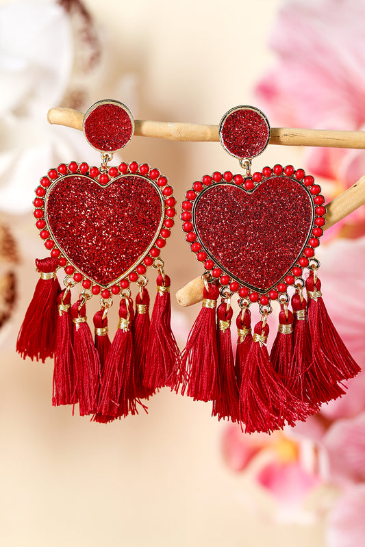 Racing Sequin Red Heart Tassel Valentines Earrings-Earrings-[Adult]-[Female]-Racing Red-ONE SIZE-2022 Online Blue Zone Planet