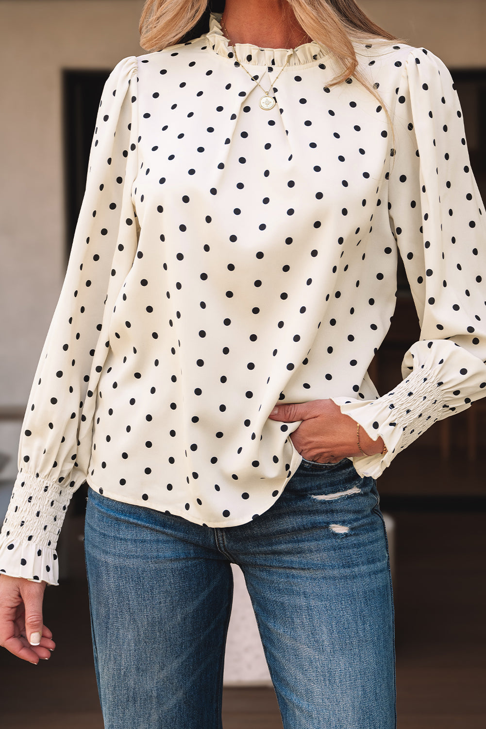 Blue Zone Planet | Apricot Polka Dot Print Frilled Collar Lantern Sleeve Blouse-Tops/Blouses & Shirts-[Adult]-[Female]-2022 Online Blue Zone Planet