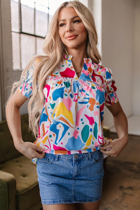 Multicolour Abstract Print Lace Detail Shirred Short Sleeve Split Neck Blouse-Tops/Blouses & Shirts-[Adult]-[Female]-Multicolour-S-2022 Online Blue Zone Planet