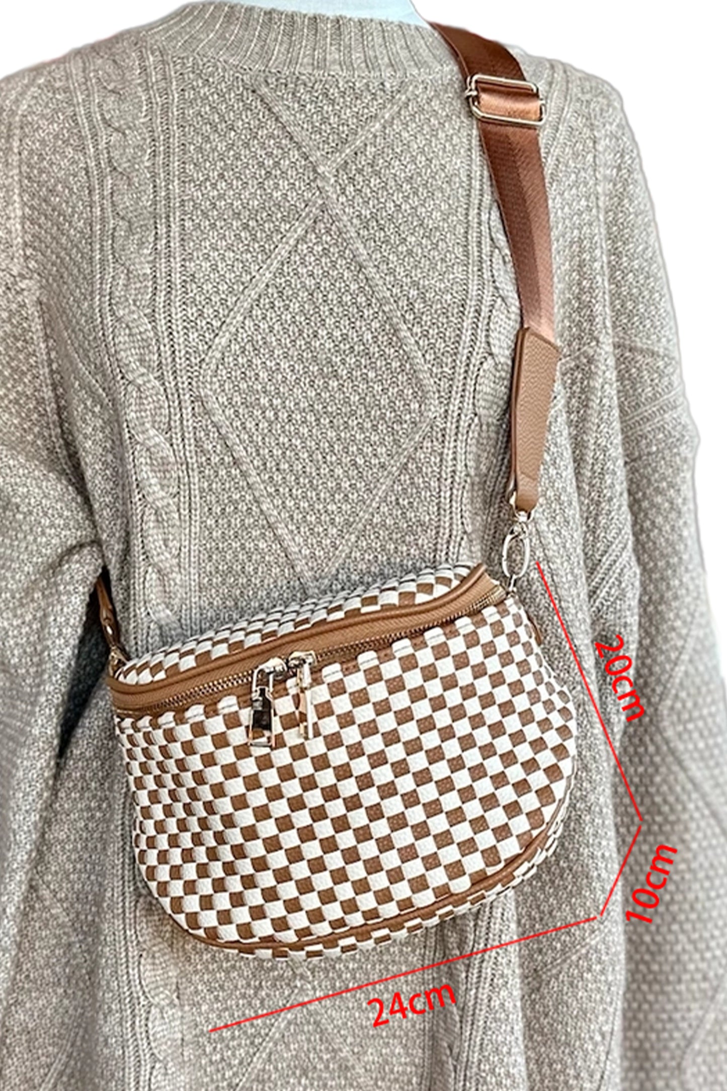 Straw Yellow Checkerboard Woven Zip Crossbody Bag