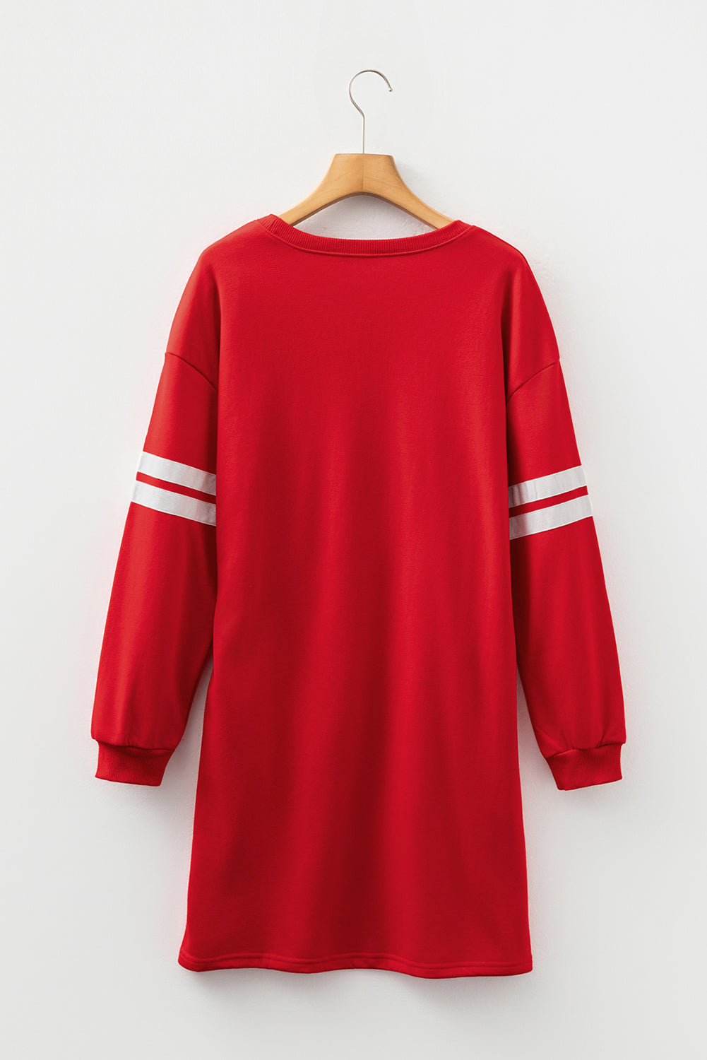 Fiery Red Varsity Contrast Banded Sleeve Shift Sweatshirt Dress-TOPS / DRESSES-[Adult]-[Female]-2022 Online Blue Zone Planet