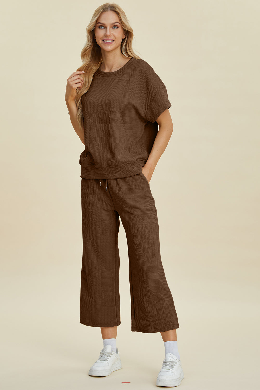 Double Take Full Size Texture Round Neck Top and Pants Set-TOPS / DRESSES-[Adult]-[Female]-2022 Online Blue Zone Planet