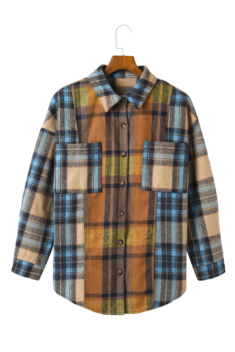 Brown Plaid Color Block Buttoned Shirt with Pockets-Tops/Blouses & Shirts-[Adult]-[Female]-2022 Online Blue Zone Planet