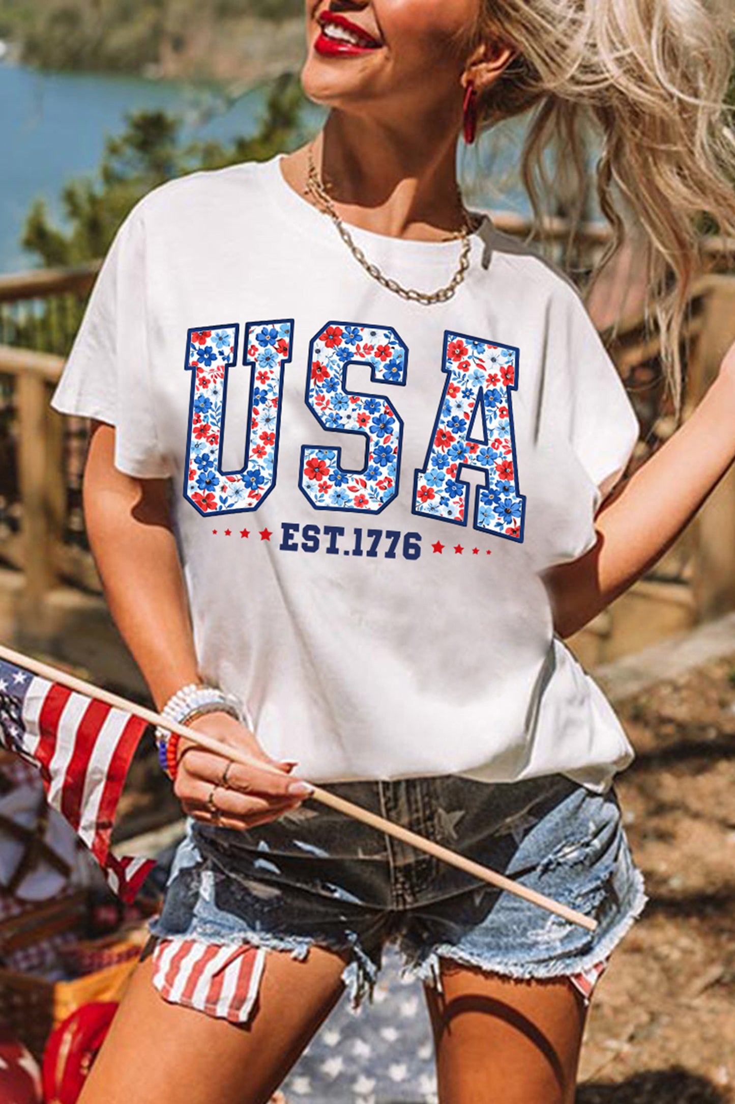 White USA Floral Print EST 1776 Patriotic Graphic Tee-Graphic/Graphic Tees-[Adult]-[Female]-White-S-2022 Online Blue Zone Planet
