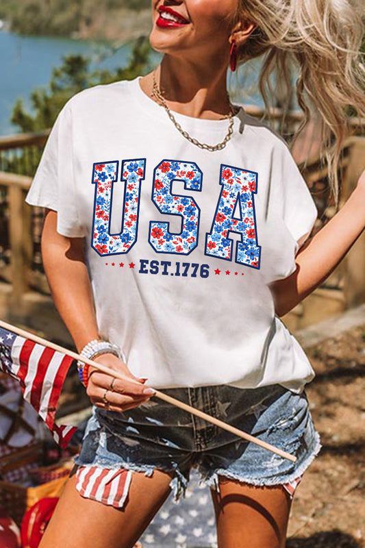White USA Floral Print EST 1776 Patriotic Graphic Tee-Graphic/Graphic Tees-[Adult]-[Female]-White-S-2022 Online Blue Zone Planet