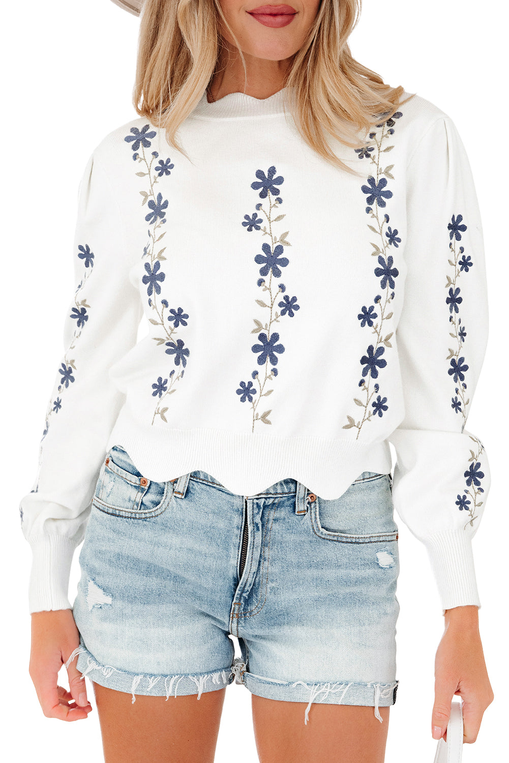 White Floral Embroidered Scallop Hem Cropped Sweater-Sweaters & Cardigans/Sweaters-[Adult]-[Female]-2022 Online Blue Zone Planet
